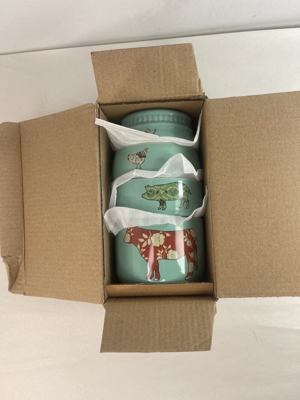 Pioneer Woman Teal Floral Farm Animals Stacked Ceramic Prep Cups Set Brand New